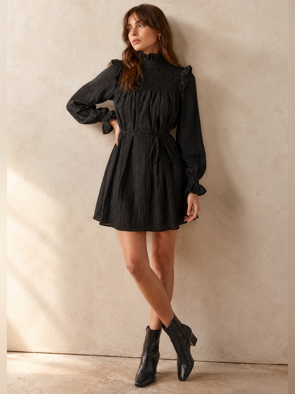 French Connection black boza crinkle dress long sleeve mock neck smocked CBK